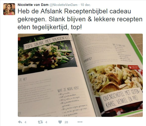 Tweet Nicolette van Dam over de Afslank Receptenbijbel